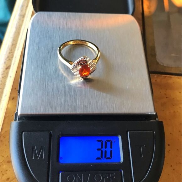 Natural Fire Opal Sterling Silver 18k Yellow Gold Vermeil Ring Size 7 - Picture 7 of 8